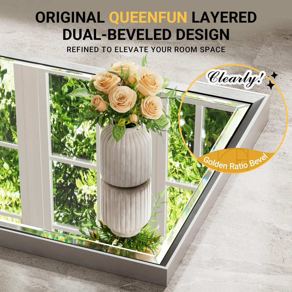 60'' x 36'' Large Beveled Silver Bathroom Vanity Mirror, Shatterproof Rectangle Silver Metal Framed Mirror Wall
