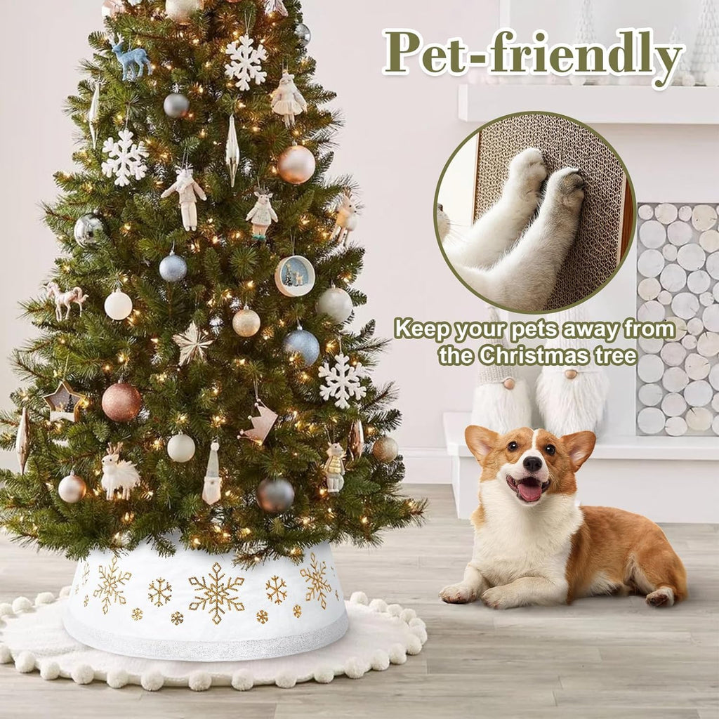 Christmas White Tree Collar Ring, 30'' Plush Gold Snowflake Sequin Tree Skirt, Christmas Artificial Tree Base Stand