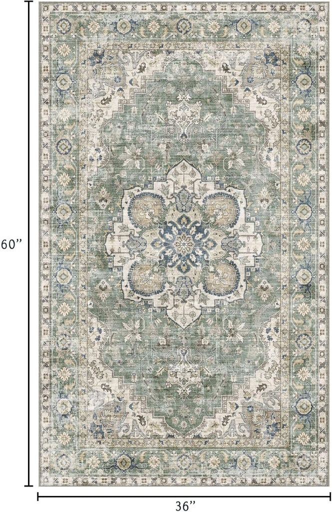 3x5 Washable Area Rug - Small Entryway Rug Non-Slip Sage Green Vintage Oriental Kitchen Rugs Low Pil