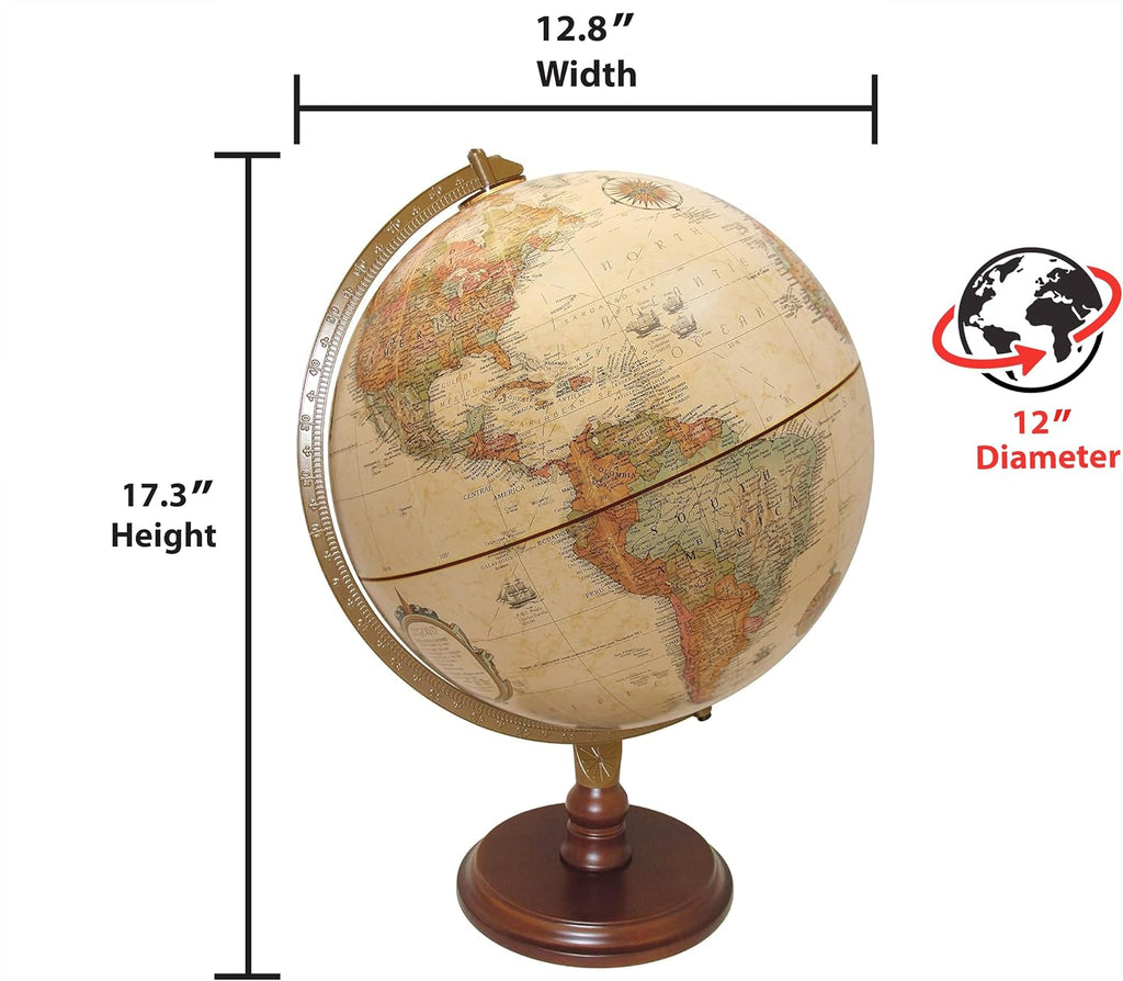 Lenox, 12"/30cm diameter Antique Style, Desktop Globe, Classic World Globe with up-to-date Cartography, Made in USA