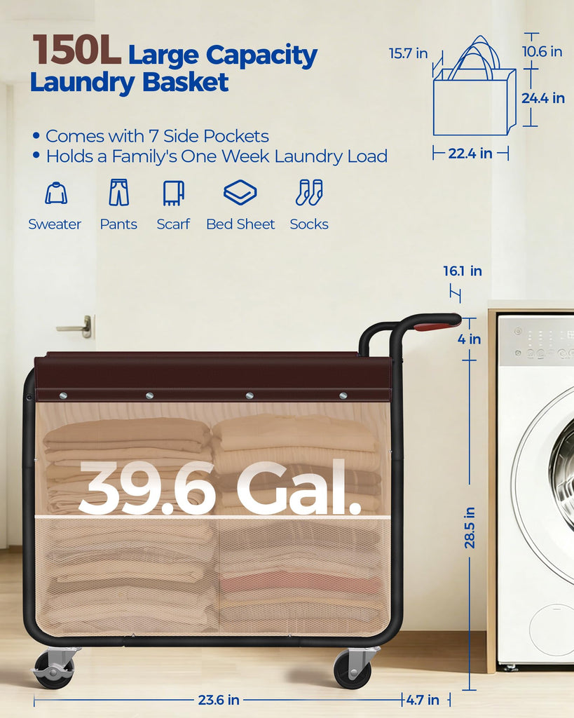 150L Rolling Laundry Hamper, Laundry Basket with Wheels, Black