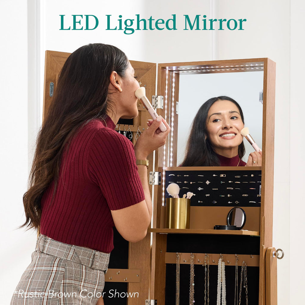 360 Swivel Mirrored Jewelry Cabinet, Standing Armoire, Makeup Storage Organizer, w/LED-lit Mirror, 3 Shelves - Walnut