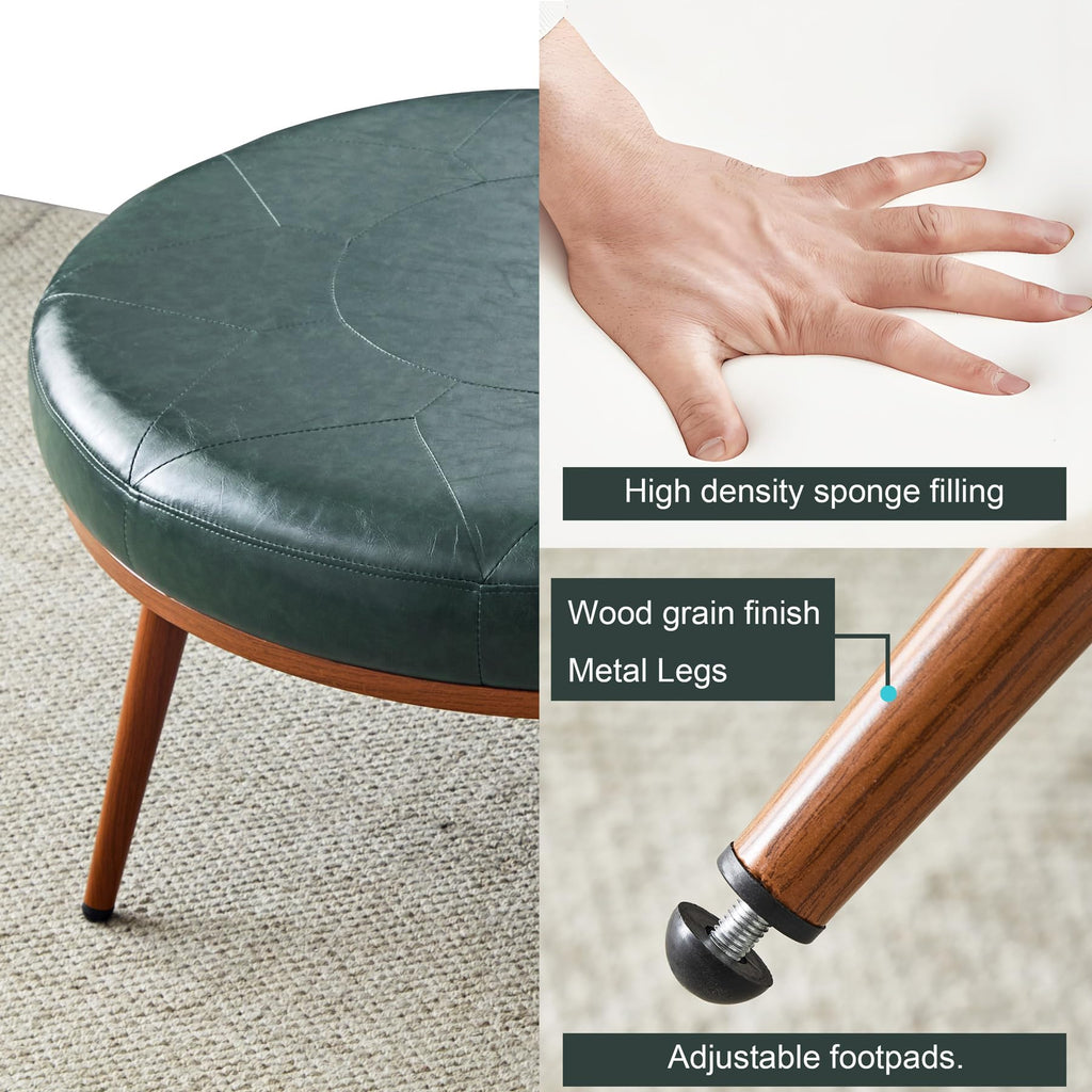 Round Ottoman, Large Faux Leather Footstool and Coffee Table, Cushioned Backless Chair, Padded Seat Footrest, (Green)