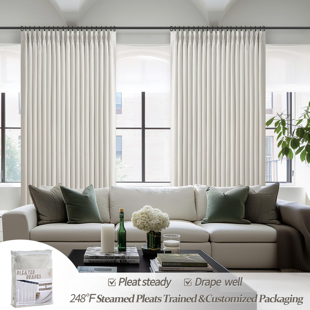 Natural Linen Blackout 104 Inch Extra Long Curtains for Laundry Room, Beige White Memory Shape Pinch Pleat Rustic