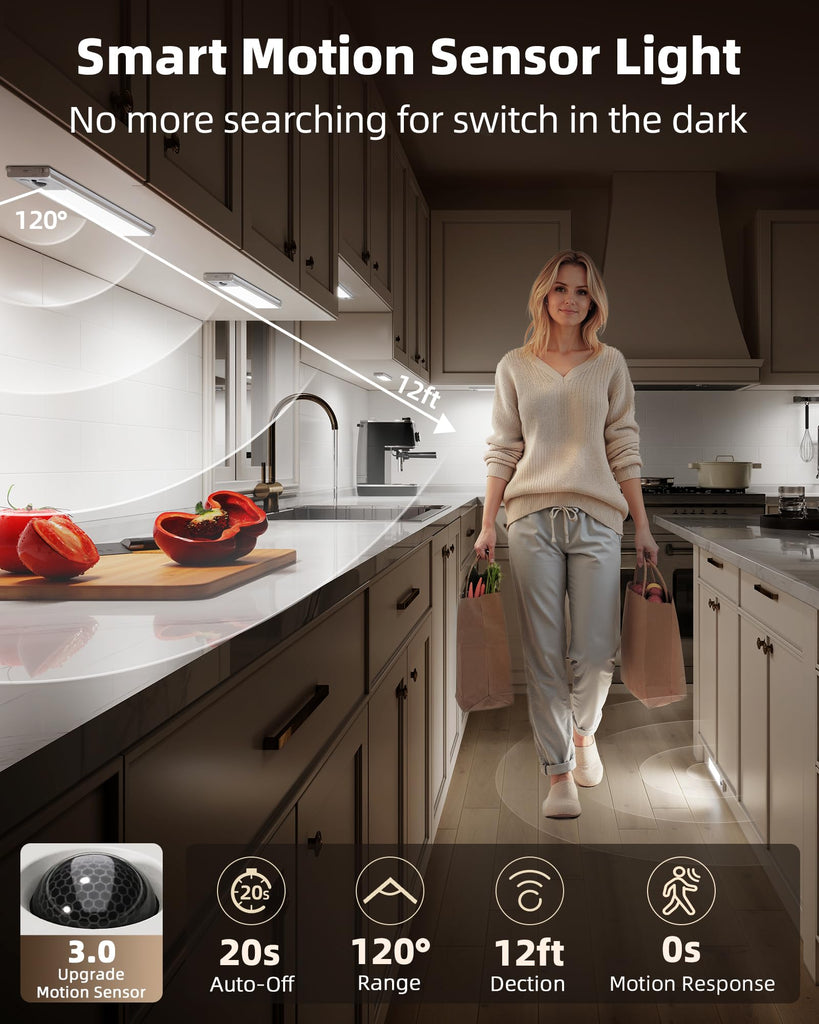 10inch Under Cabinet Lighting, 2400mAh Rechargeable Motion Sensor Light, Magnetic Closet Lights with Dimmable