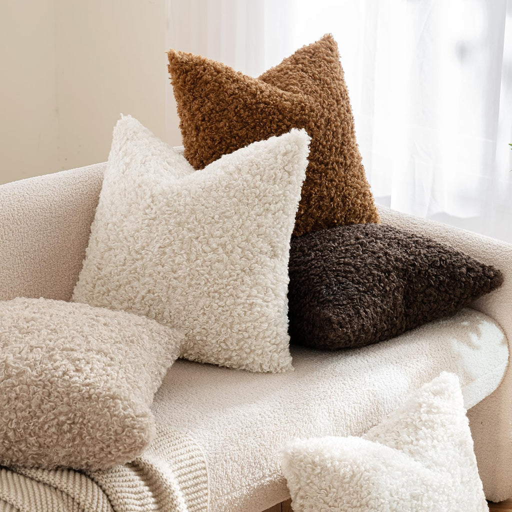 Decorative Faux Fur Pillow Covers Euro Sherpa 22x22 Neutral White