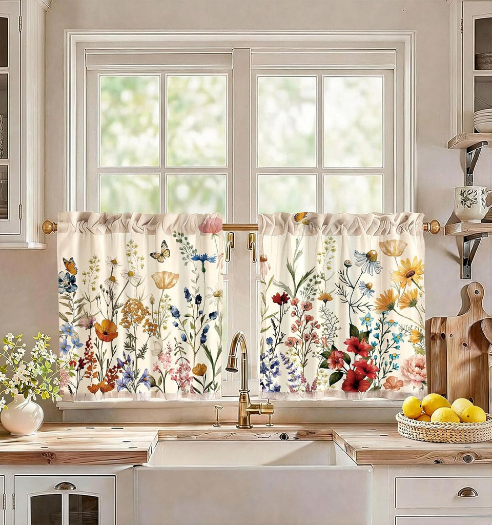 Floral Kitchen Tier Curtains - 24 Inch Length Linen Blend Farmhouse Cafe Curtains Vintage Small Window Treatments