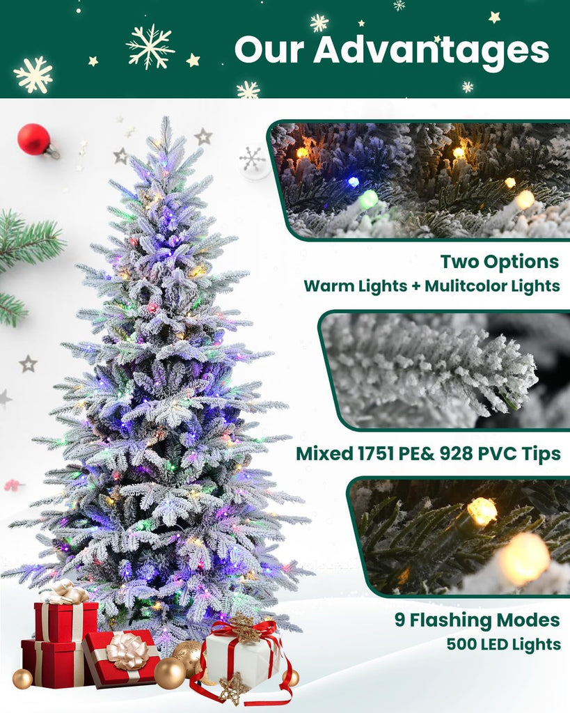 Christmas Tree Prelit Flocked,Snow Frosted PE Tips Premium Artificial Xmas Tree,Foldable Metal Base, Holiday