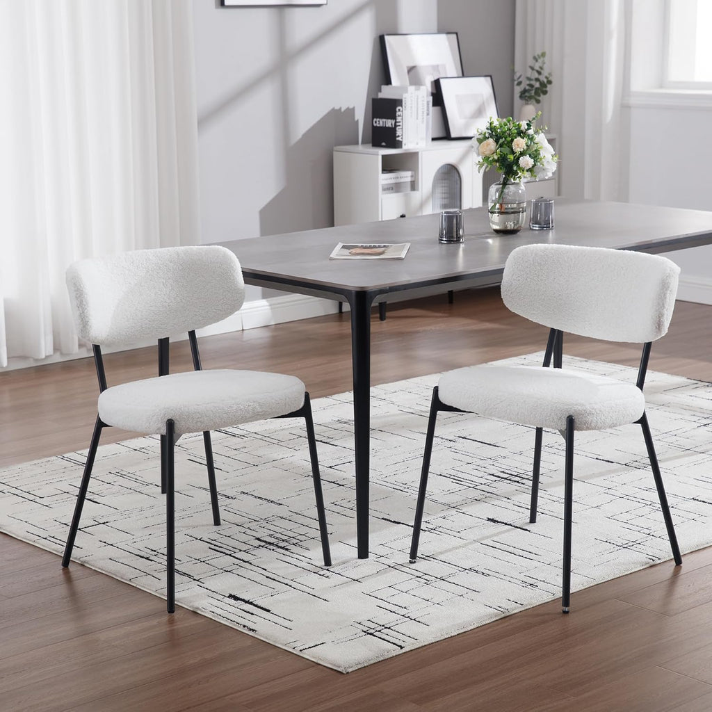 KCC Boucle Dining Chairs Set of 2, Modern Mid-Century Upholstered Stylish Kitchen Chairs Sherpa Accent Diner Chairs