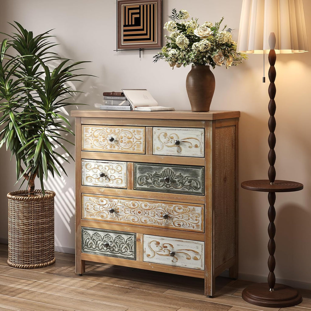26" Vintage Freestanding Storage Chest, Accent Cabinets with Carved Details, Utility Organizer with Multi Drawers