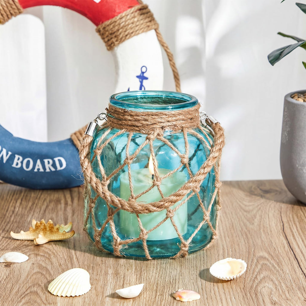 2 Set Nautical Lanterns Rope Handle, Coastal Glass Jar, Blue