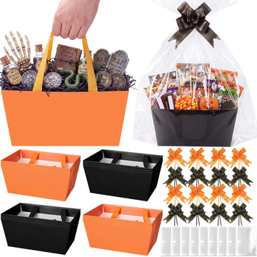 12 Pcs Halloween Paper Gift Basket Empty with Transparent Bag&Bow
