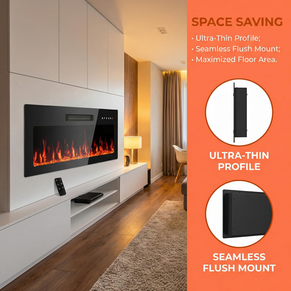 36 Inch Electric Fireplace Insert, Wall Mount Recessed with Remote