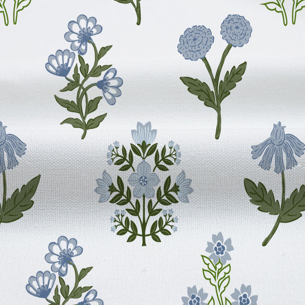 Abstract Vintage Floral Cotton - Floral Block Print Pattern in Blue and Green, Botanical Boho Set for Rustic Farmhouse