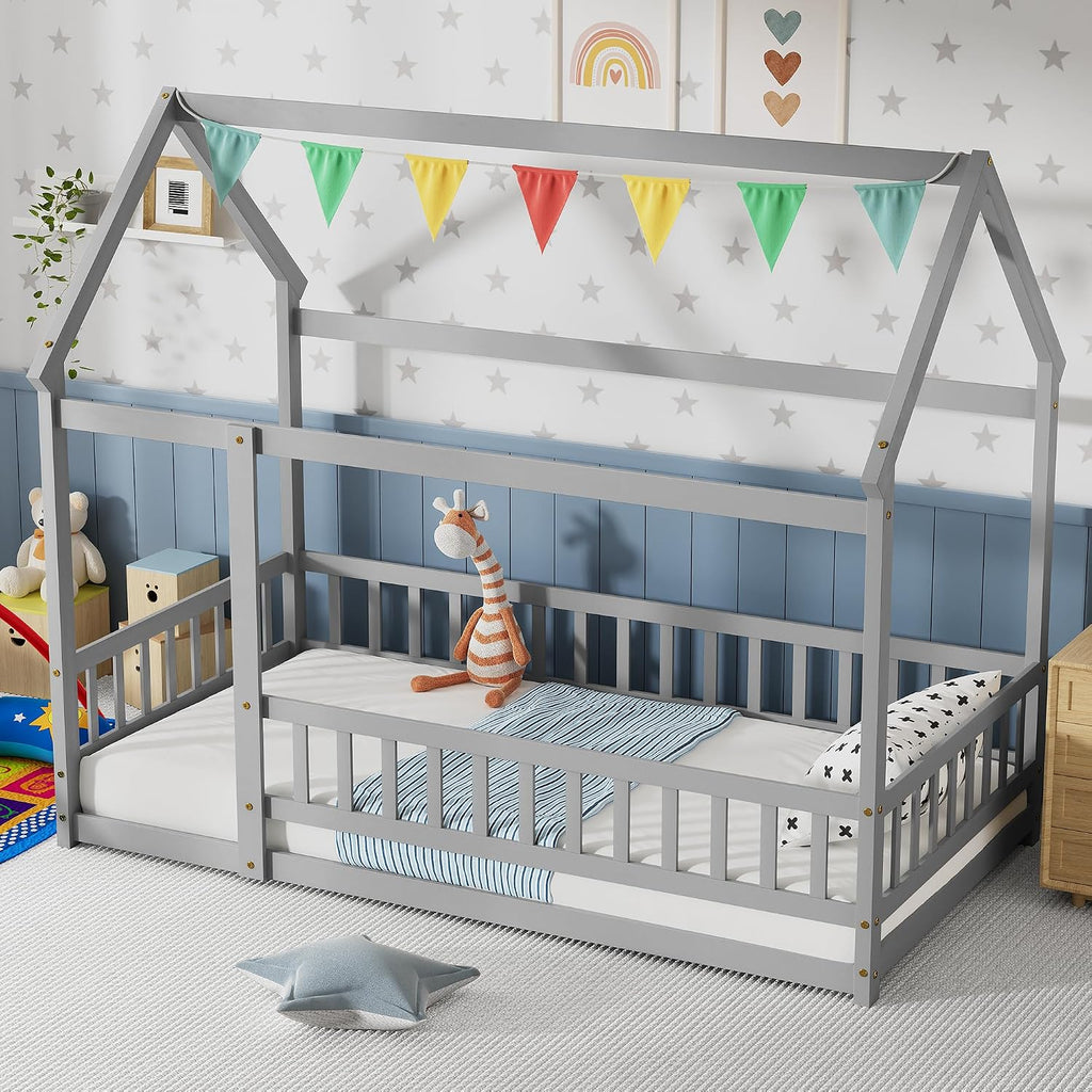 Montessori Floor Bed with Roof & Fence Guardrails for Boys Girls Bedroom, Floor Wooden Bed