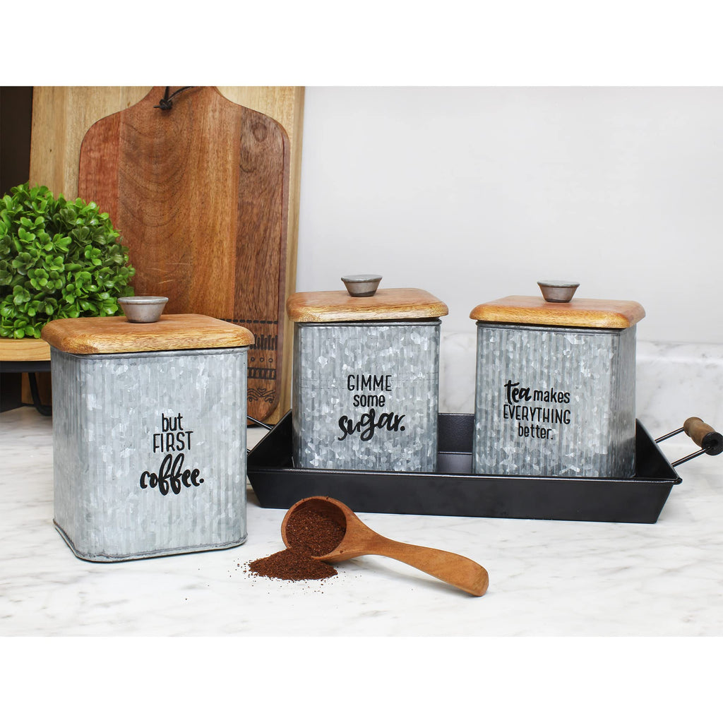 Farmhouse Galvanized Canisters (Set of 3); Storage Containers for Coffee, Tea and Sugar in Galvanized Iron and Wood