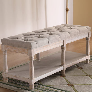 Mid Century Tufted Storage Bench with Shelf, Linen Upholstered Farmhouse Entryway Shoe Bench Ottoman Bed End Stool