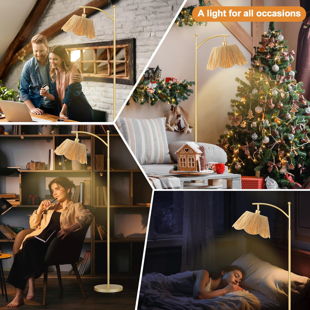 60" Floor Lamps with 3 Color Temperatures, Gold Floor Lamp with Rattan Shade, Modern Tall Lamps Office, 9W LED Bulb