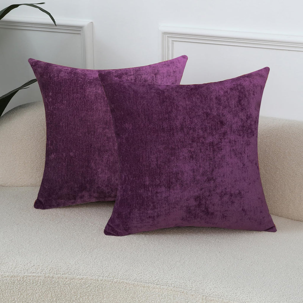 Plum Purple Soft Throw Pillow Covers Decorative Chenille Square Couch Cushion Cases Sofa Decor, Set of 2, 18 x 18