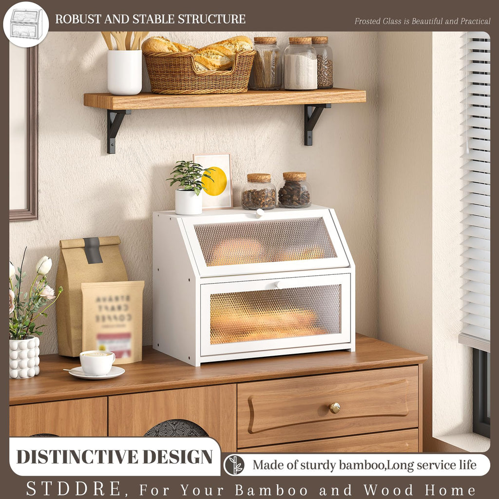 Bread Box - Countertop Bin Double Layer Storage Container Extra Large Capacity Farmhouse with Diamond Pattern Windows (White