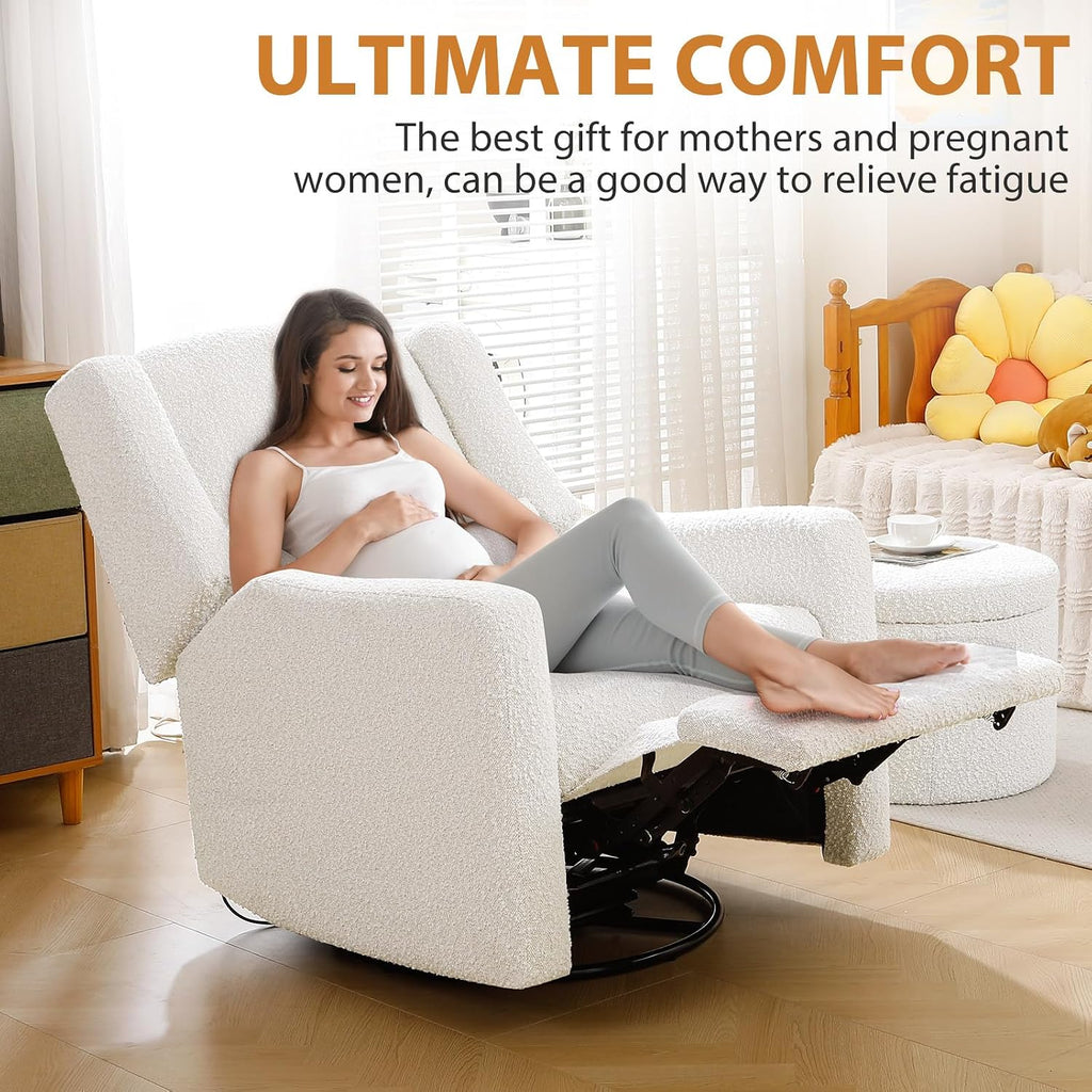 Power Recliner Chair Swivel Glider, Large Rocker Recliner, Cream | Boucle Upholstered Swivel Rocker Glider Recliner