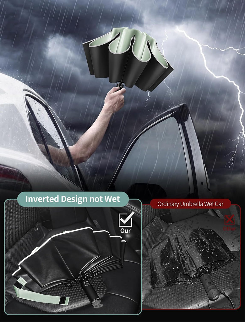 Inverted Travel Umbrella Compact - Windproof Umbrellas for Rain with Reflective Strip, Small UV Umbrella for Sun