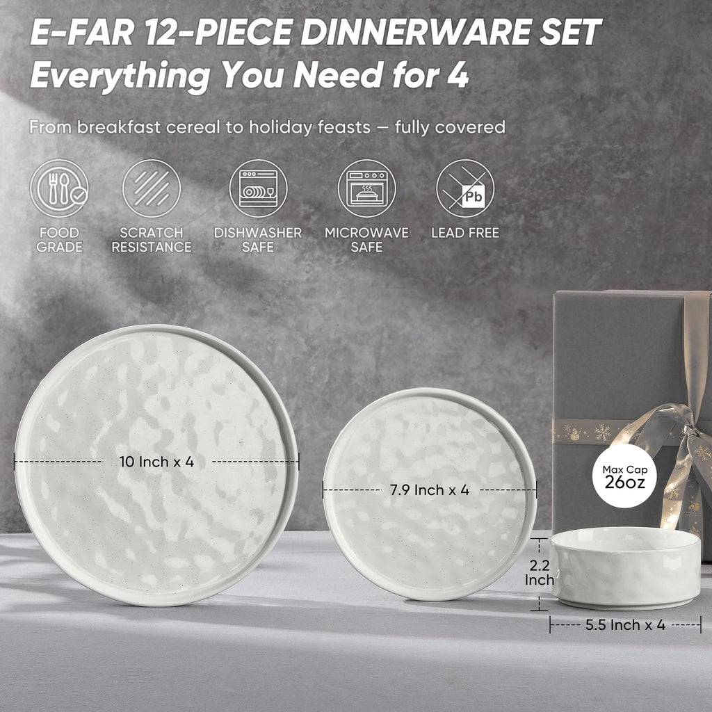 Stoneware Dinnerware Set, 12-Piece White Plates and Bowls Sets for 4