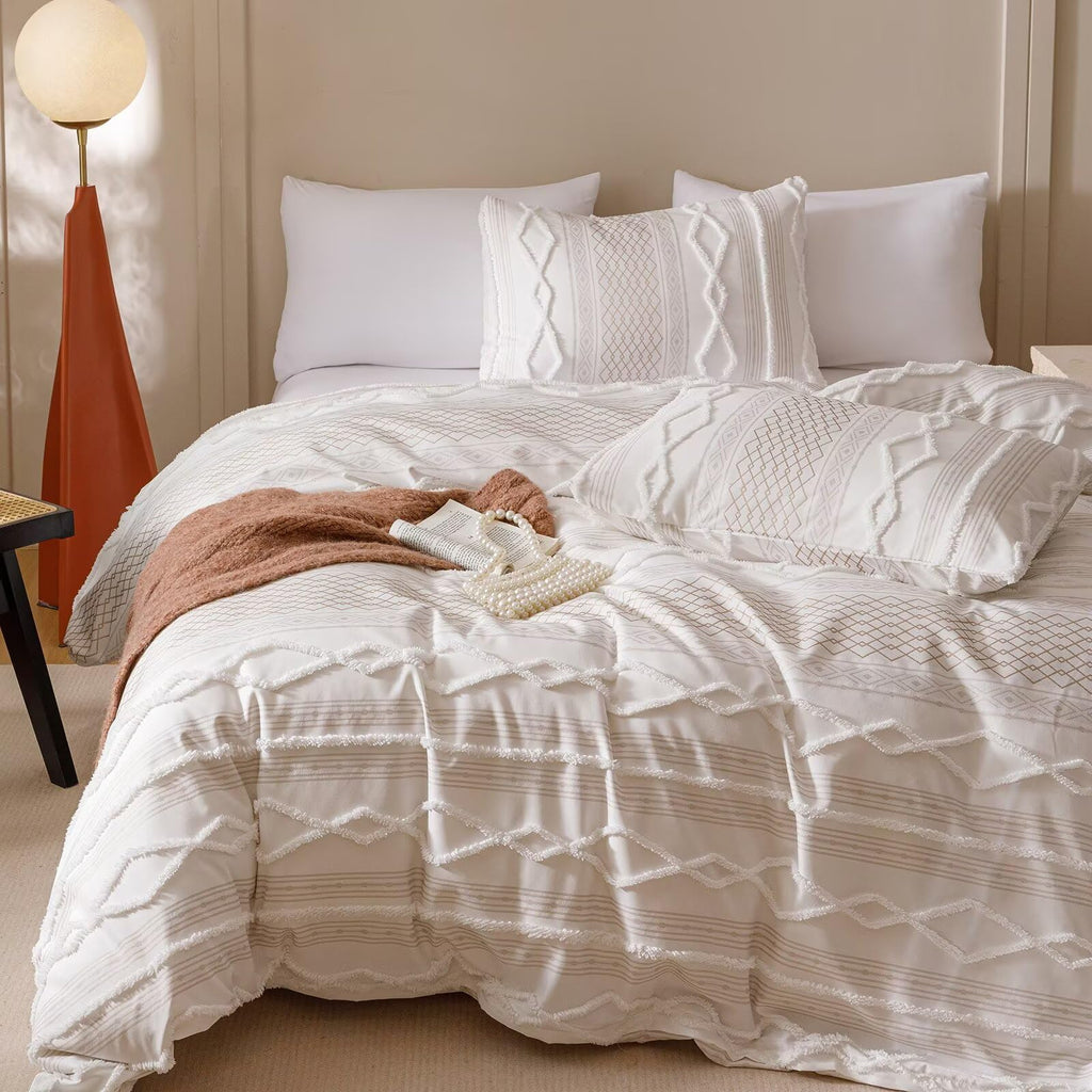 White Boho Comforter Set Queen Farmhouse Tufted Bedding Set Soft Bohemain Shabby Chic Blanket Quilts Embroidery