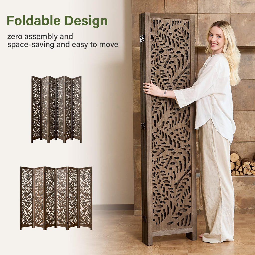 Leaf-Carved Room Divider Privacy Screen - 67 Inch Tall Foading Decorative Wood Screen Dividers Panel - Natural Wood