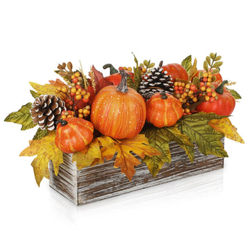 Artificial Pumpkins Fall Centerpiece for Table In Rustic Wooden Box Vase