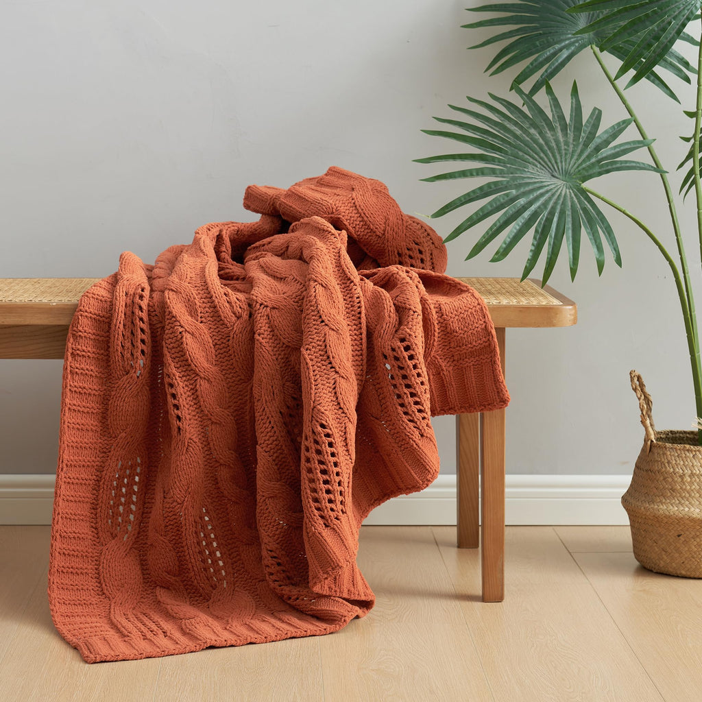 Chunky Knit Throw Blanket, Dual-Sided Soft Chenille Breathable Cable Knitted Blanket for Couch, Farmhouse Decorative