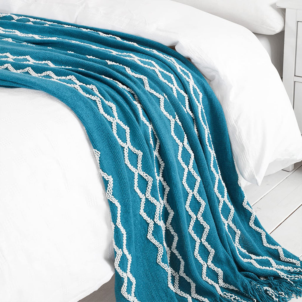 Knitted Throw Blanket Boho Chenille Outdoor Blanket, Teal 60x80Inch
