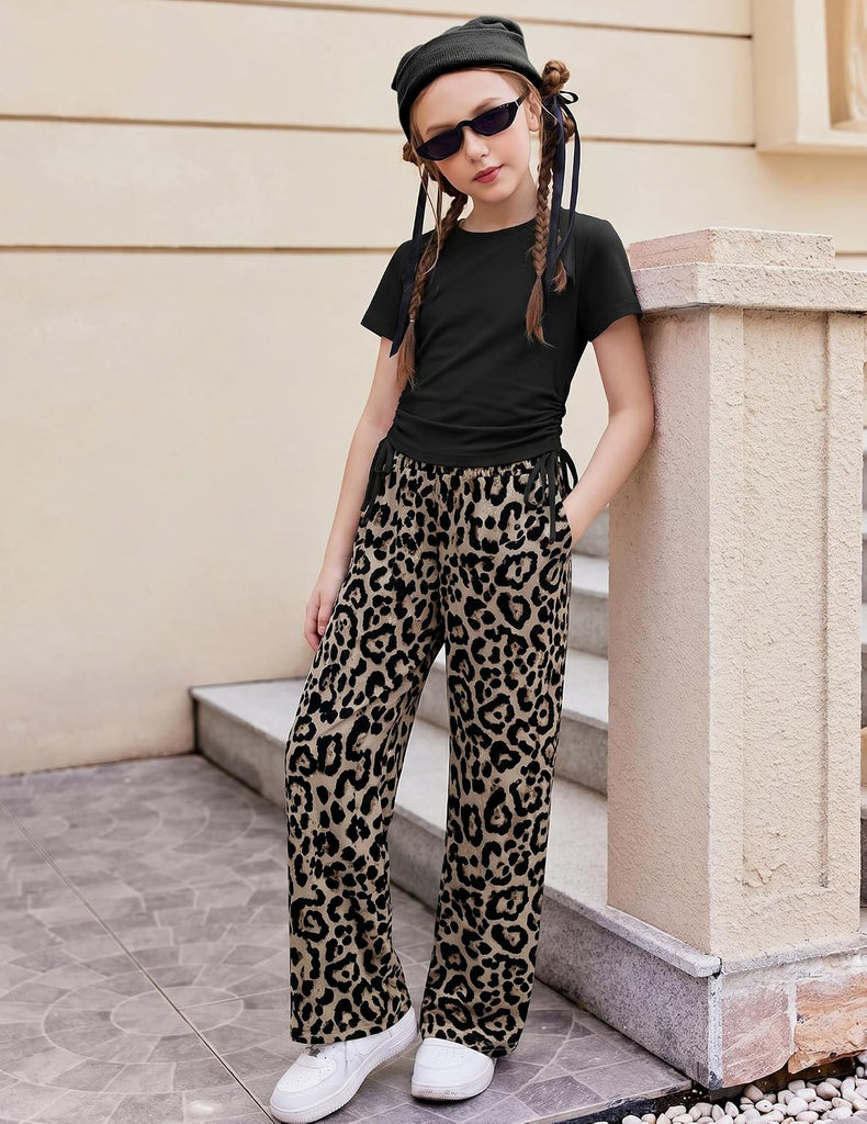 Girls 2 Piece Outfit Ruched Drawstring Tops and Wide Leg Pants Set