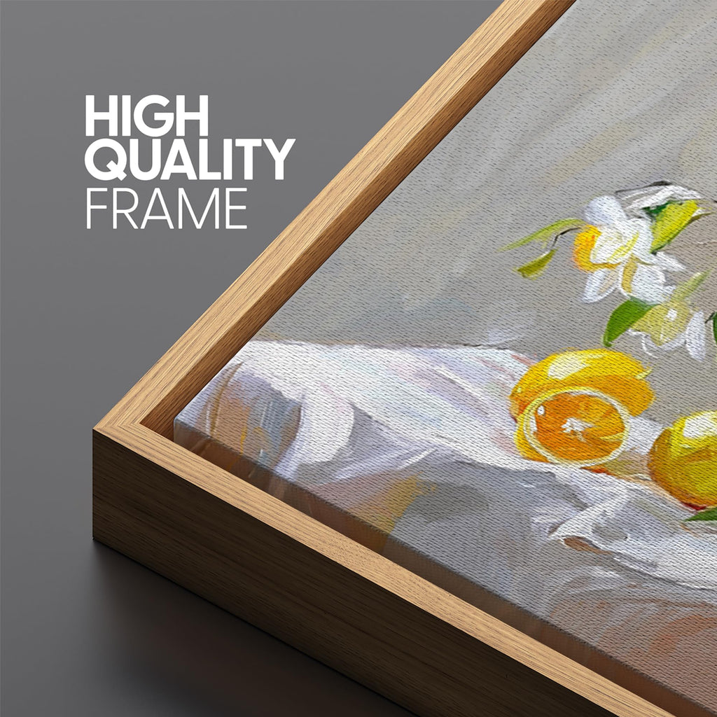 Extra Large Framed Canvas Print Wall Art Vibrant Still Life with White Blossoms and Citrus Fruits Antique Retro Ready