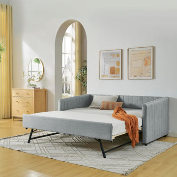 Full Daybed with Pop up Trundle,Linen Upholstered Day Bed Frame with Channel Tufted Backrest & Armrest,Extendable