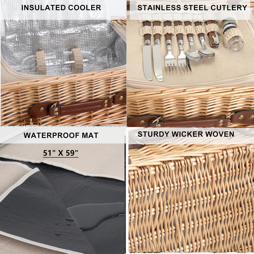 Multifunctional Wicker Picnic Basket Set for 2 with Blanket and Picnic Table, Insulated Picnic Set with Full