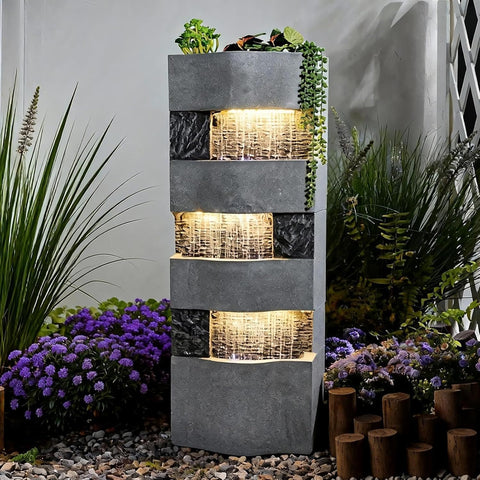 40.5" H Modern Outdoor Water Fountain with LED Lights - Tall Garden Waterfall Fountain