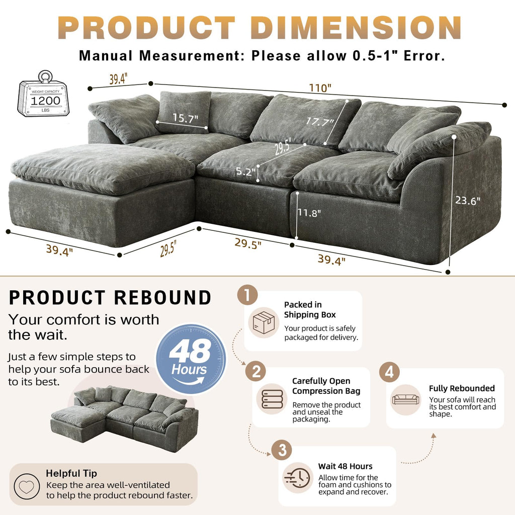 110" Boneless Cloud Couch Sectional, Oversized Modular L Shaped Sofa with Ottoman, Deep Seat Chenille Sectional