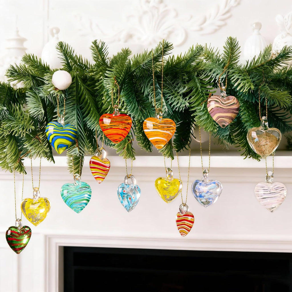 Blown Glass Heart Ornaments 1.4'' Multi-Colored Heart Baubles Hanging - Set of 12