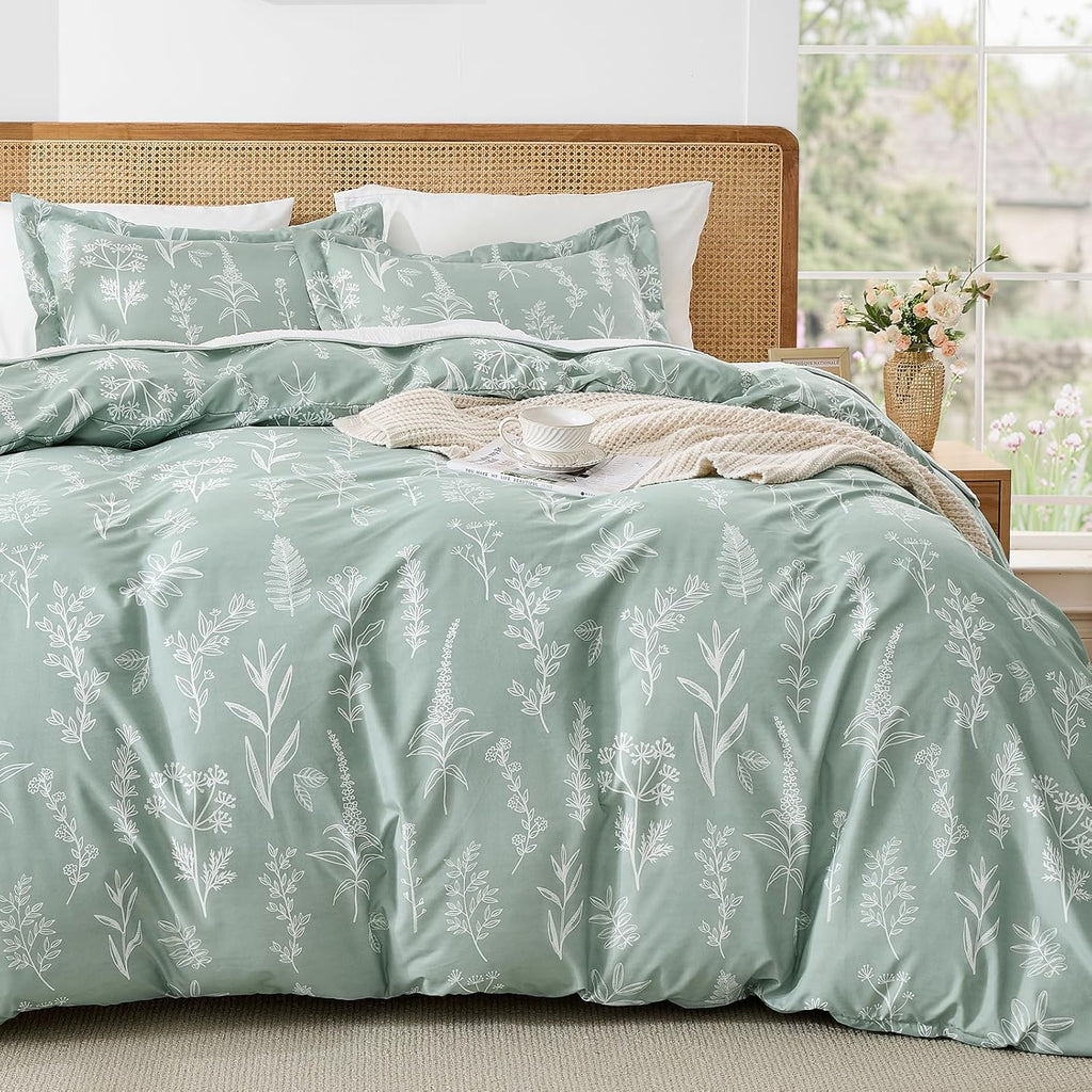 Duvet Cover Queen, Reversible Floral Green Duvet Cover Set with Zipper Closure, 3 Pieces Botanical Patterns Soft