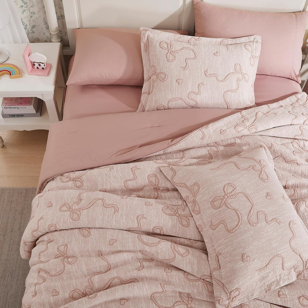 Pink Full Comforter Set for Girls- 7 Pieces Bowknot Jacquard Bed in A Bag Full Bedding Sets with Sheets, Pillowcases