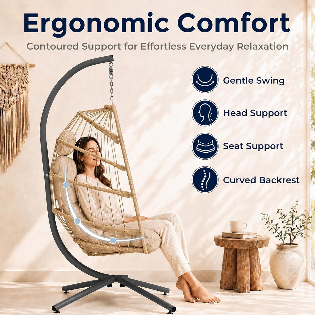 Egg Chair Outdoor with Stand, Indoor Wicker Hanging Egg Swing Chair with Cushion, 370lbs Capacity , Garden - Cream
