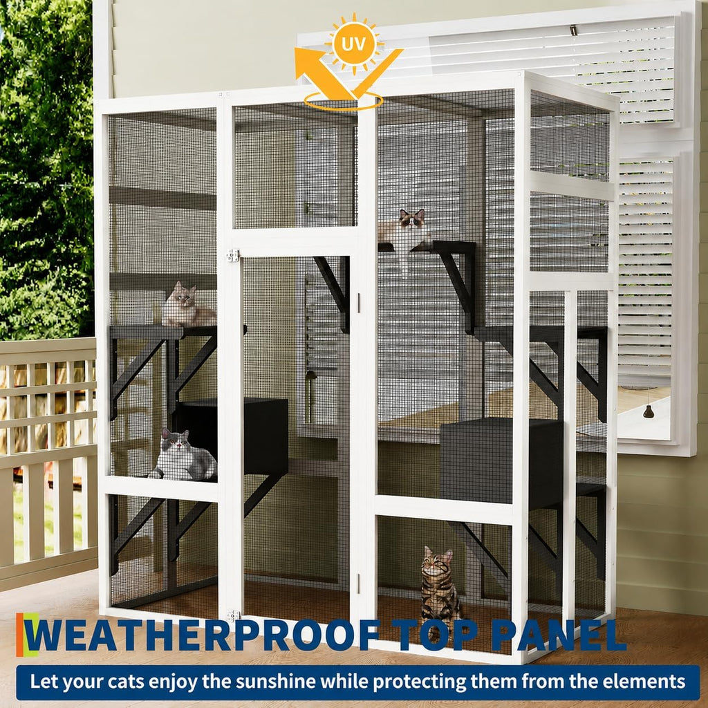 70" Large Catio Cat Enclosure, Wooden Patio Cat House, Gray