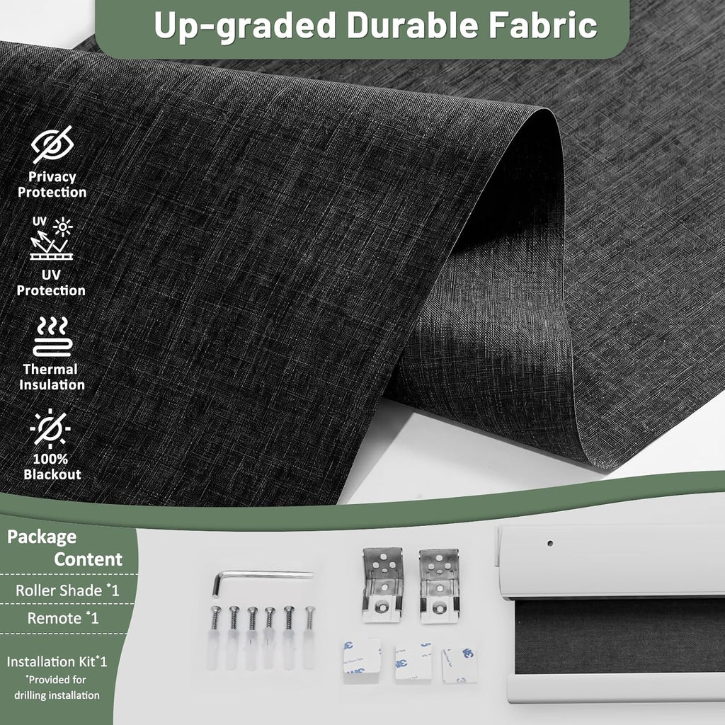 No Drill Motorized Blinds with Remote, Black, | 100% Blackout Smart Electric Roller Shades, Automatic Cordless Blinds