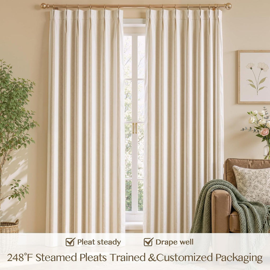Beige Stripe Pinch Pleated Curtains 84 inches, Linen Blend Light Filtering Gingham Drapes with Memory Pleats for Living Room Bedroom, 2 Panels