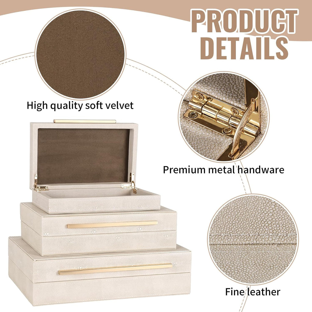 Faux Ivory Shagreen Decorative Boxes, Elegant Jewelry Organizer with Lids, Velvet Lining and Golden Handles - Set of 3