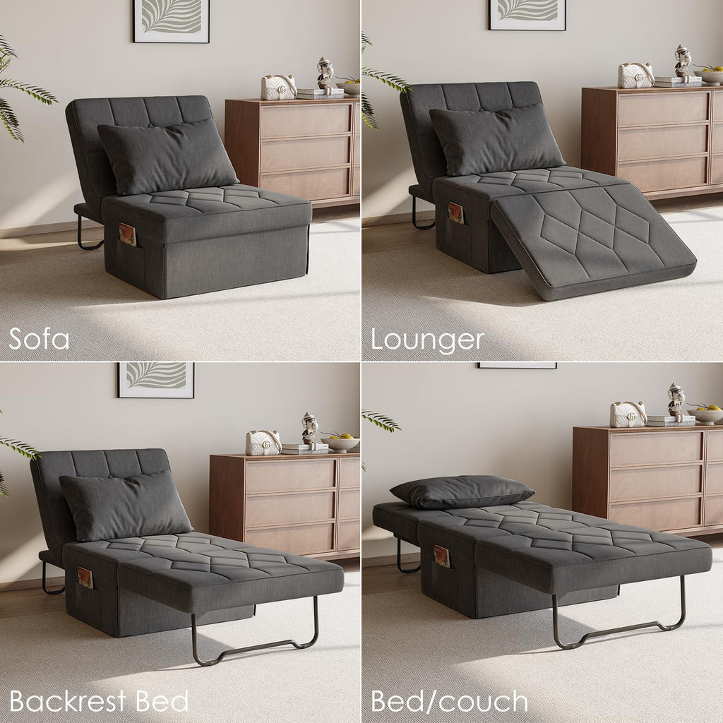 Ottoman Bed Sleeper, 34" Convertible Sleeper Chair Bed, Dark Grey