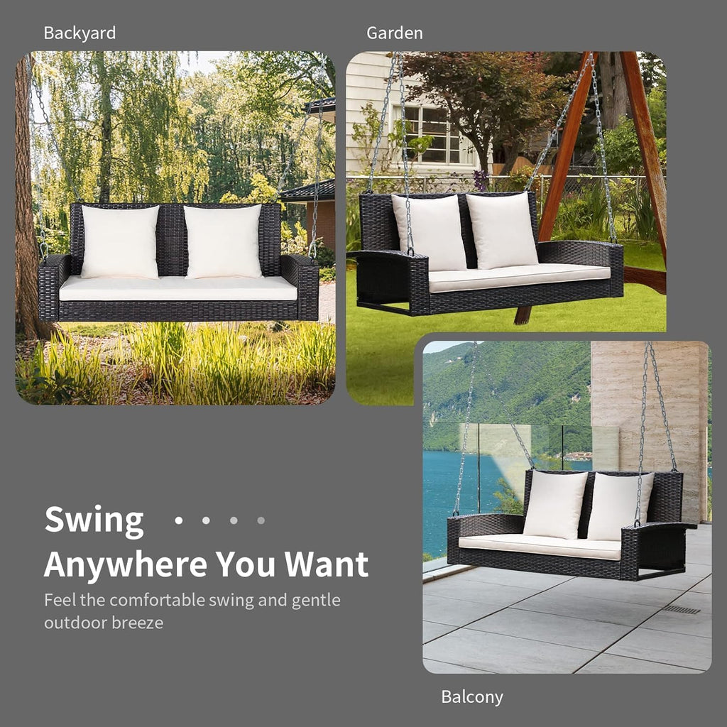 2-Seat Rattan Porch Swing, Wicker Outdoor Swings w/7.9 Ft Solid Metal Chain, Back & Seat Cushions for Garden