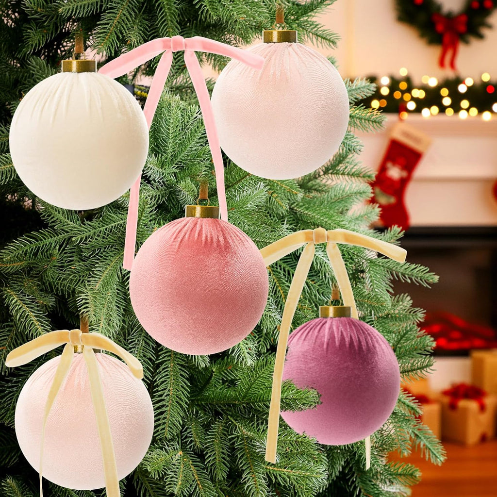 36 Pcs 4 Inch Velvet Christmas Ornaments Set with Bow, Pink