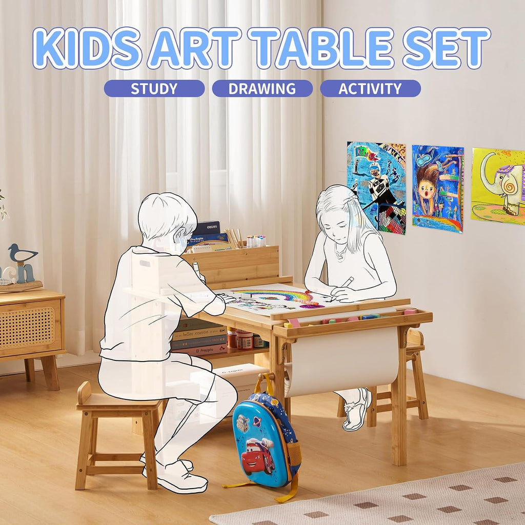 Kids Art Table and Chair Set with Paper Roll Holder, Toddler Craft Table with Storage Shelves, Side Supply Tray